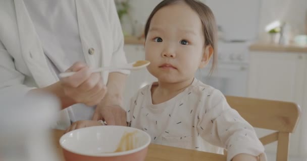 Söta Barn Äter Barnmat Medan Omtänksam Mor Mata Dotter Med — Stockvideo