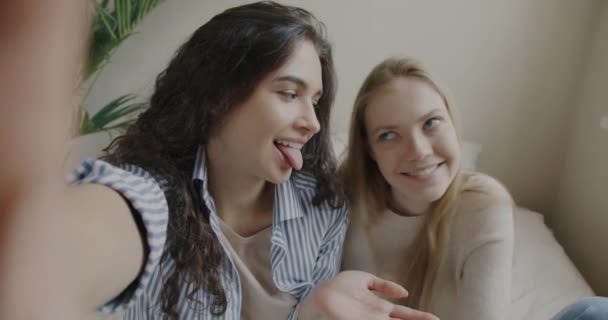 Retrato Estudiantes Alegres Divirtiéndose Tomando Selfie Haciendo Caras Graciosas Mirando — Vídeos de Stock