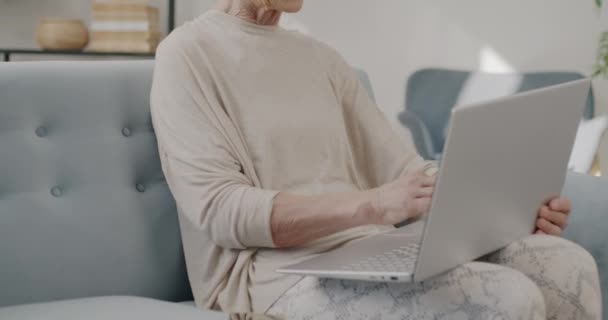 Starsza Kobieta Pracująca Laptopem Uśmiechnięta Siedząca Kanapie Mieszkaniu Nowoczesna Technologia — Wideo stockowe