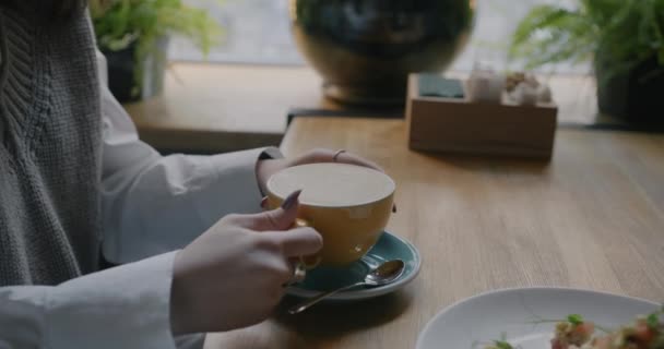 有魅力的女学生在咖啡馆里喝咖啡 在餐桌边笑着放松一下的特写 康乐活动及饮品概念 — 图库视频影像