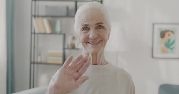 美丽的老年妇女挥手微笑站在客厅里的慢镜头肖像 人与通信概念 — 图库视频影像
