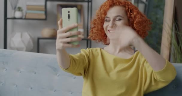 Πορτρέτο Του Ευτυχισμένη Νεαρή Γυναίκα Κάνει Online Βιντεοκλήση Smartphone Μιλώντας — Αρχείο Βίντεο
