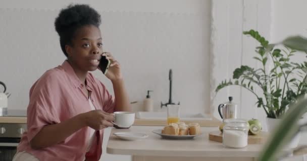 Hermosa Mujer Afroamericana Hablando Por Teléfono Móvil Tomando Café Disfrutando — Vídeos de Stock