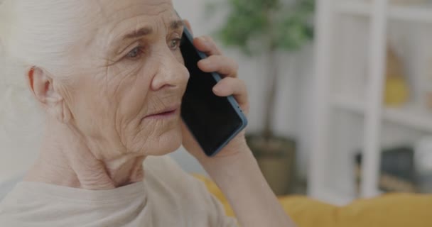 Poważna Starsza Kobieta Rozmawiająca Przez Telefon Komórkowy Gestykulująca Siedząc Kanapie — Wideo stockowe