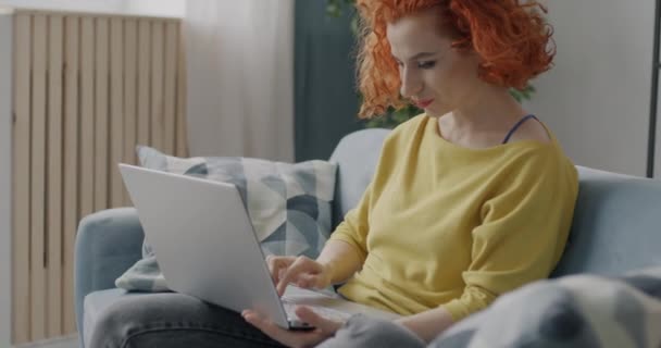 Laptopla Çalışan Kaygısız Genç Bir Kadının Portresi Gülümseyerek Evde Keyif — Stok video