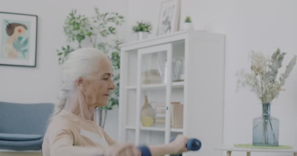 Slow Motion Porträtt Pensionerad Idrottskvinna Utbildning Med Bumbbells Lägenheten Hushållet — Stockvideo
