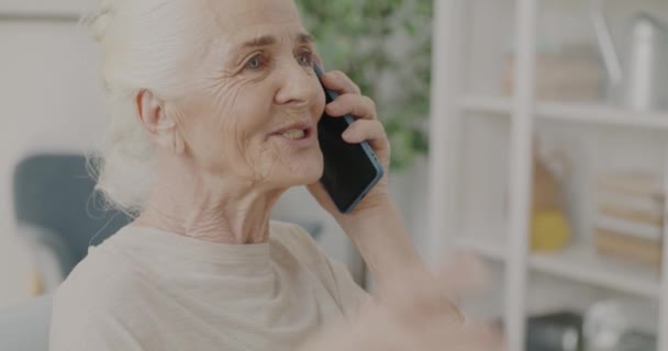 Portret Wesołej Starszej Kobiety Rozmawiającej Przez Komórkę Cieszącej Się Rozmową — Wideo stockowe