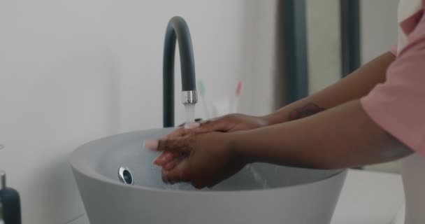 Slow Motion African American Lady Washing Hands Face Caring Hygiene — Stock Video