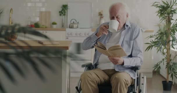 老年人坐在轻便的厨房的轮椅上 喝着杯子里的茶看书 休闲活动和无忧无虑的退休概念 — 图库视频影像