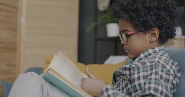 Langsom Film Fra Siden Smart Afroamerikansk Barn Som Leser Interessant – stockvideo