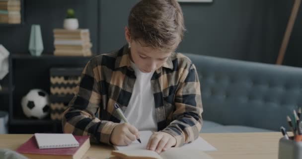 家庭での教育に関わるノートに本を読み 情報を書く頭のいい少年 知的子供とホームスクーリングの概念 — ストック動画