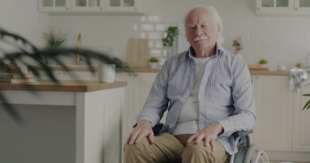 Zeitlupe Porträt Eines Ruhigen Älteren Mannes Der Modernen Rollstuhl Der — Stockvideo