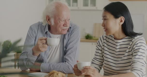 Женщина Волонтер Разговаривает Старшим Мужчиной Пьет Чай Наслаждаясь Разговором Пенсионером — стоковое видео