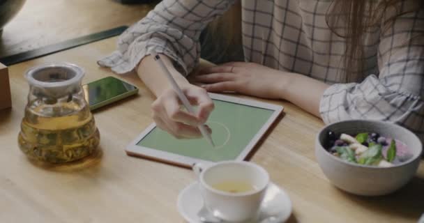 Grafik Tabletli Kadın Tasarımcı Çiziminin Yakın Çekimi Kafeterya Masasında Yaratıcı — Stok video