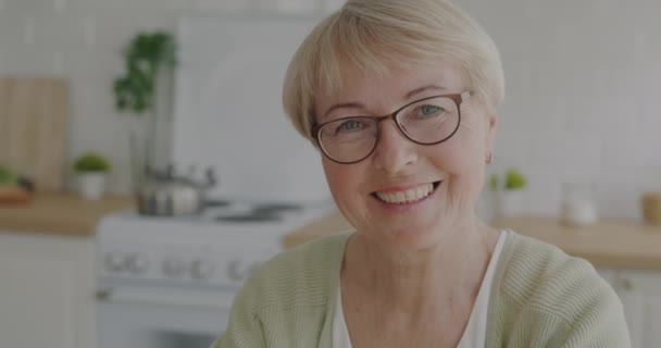 Retrato Mujer Jubilada Alegre Anteojos Sonriendo Expresando Felicidad Mirando Cámara — Vídeo de stock