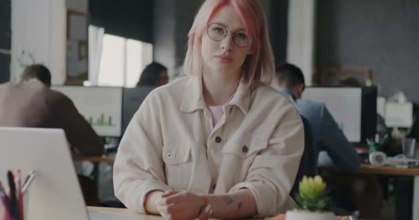 Slow Motion Portrait Creative Young Woman Employee Sitting Desk Open — Stock Video