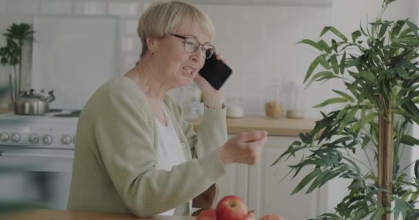 Portret Radosnej Starszej Kobiety Rozmawiającej Przez Telefon Komórkowy Śmiejącej Się — Wideo stockowe