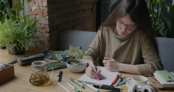 无忧无虑的年轻白人女人独自在舒适的咖啡店里画画和微笑 创造性活动和现代青年文化概念 — 图库视频影像