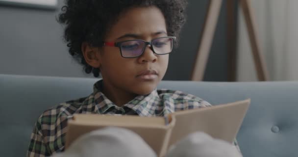Älykkään Afroamerikkalaispojan Hidasliikkeisyys Silmälaseissa Lukemassa Kirjaa Hymyilemässä Kotona Kirjallisuus Koulutus — kuvapankkivideo