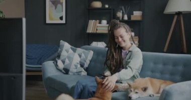 Rasta saçlı neşeli bayan TV 'de video izliyor patlamış mısır yiyor ve Shiba Inu köpekleriyle oynuyor. Modern yaşam tarzı ve evcil hayvan konsepti.
