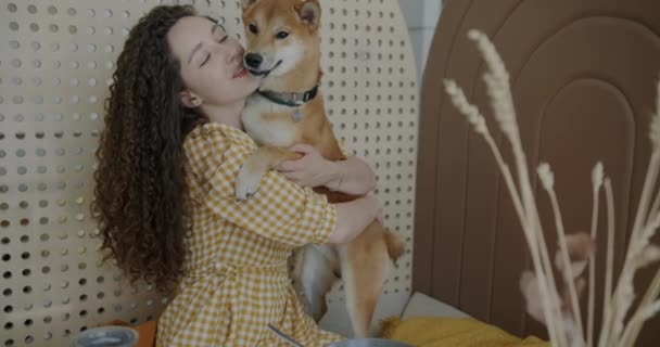 Portret Van Vrolijk Meisje Lachend Knuffelend Kussend Schattige Shiba Inu — Stockvideo