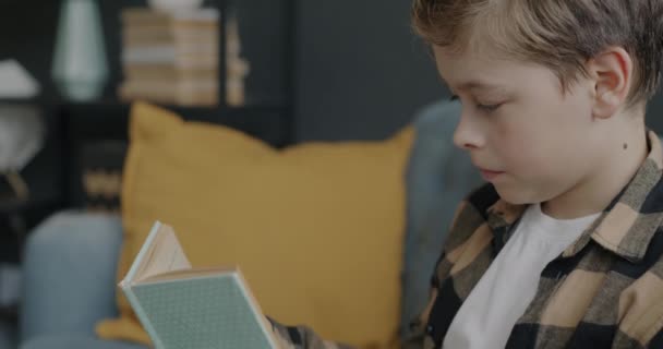 Portrait Enfant Intelligent Lisant Livre Intéressant Assis Sur Canapé Confortable — Video