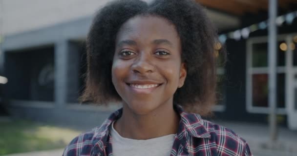 Lassú Mozgású Portré Boldog Afro Amerikai Lányról Amint Mosolyog Szabadban — Stock videók