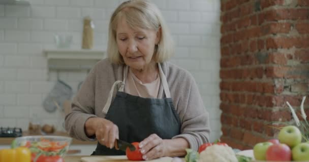 Wanita Senior Mengenakan Celemek Memotong Tomat Membuat Salad Mempersiapkan Makan — Stok Video