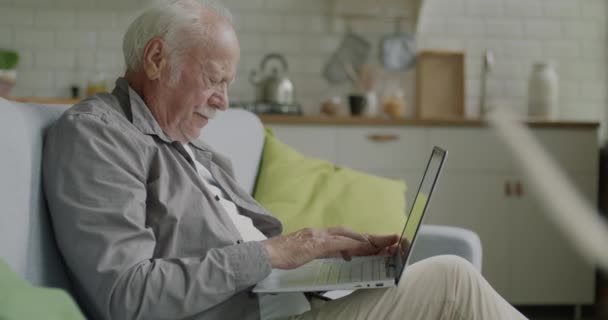 自宅だけでソファに座ってオンラインで作業を入力ノートパソコンを使用して陽気な高齢者 現代技術と高齢者の概念 — ストック動画