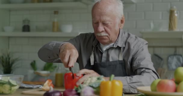 Persona Anziana Grembiule Preparazione Pranzo Cottura Insalata Taglio Verdure Fresche — Video Stock