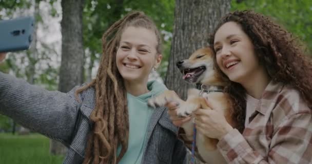 公園で柴犬と自撮りしているスマホカメラをポーズしている妹たちのスローモーションポートレート 動物と写真のコンセプト — ストック動画