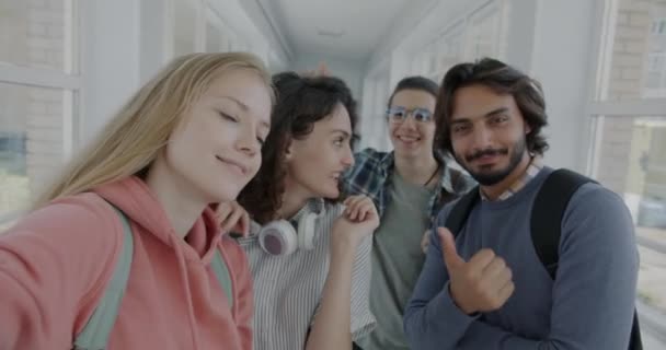 Portrait Joyful Students Posing Camera Having Fun Laughing Taking Selfie — Stock Video