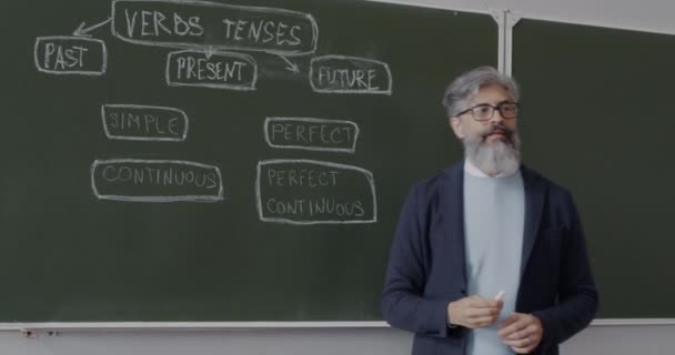大人の男性の肖像チョークボードを指して文法を説明し 教室で話す英語教師 人々と教育の概念 — ストック動画