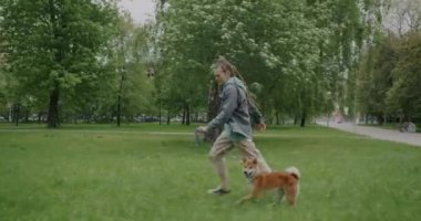 Shiba inu köpek eğitimiyle koşan ve parkta evcil hayvanı eğlenen aktif genç bir kadın. Doğa ve sağlıklı yaşam tarzı kavramı.