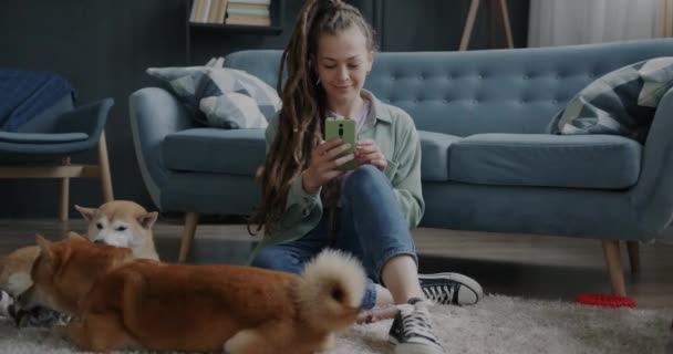 2匹の可愛い柴犬が床におもちゃで遊ぶのに対し 若い女性はスマートフォンや笑顔でペットを見ています 家畜と現代のライフスタイルの概念 — ストック動画
