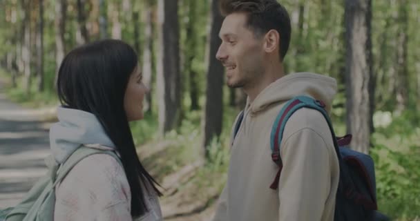 夏の森の中で一緒に立ってお互いを見て愛情のカップルの男性と女性のスローモーション ロマンチックな関係と観光客の概念 — ストック動画