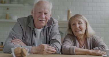 Online video görüşmesi sırasında konuşan ve el sallayan güzel yaşlı çiftin portresi mutfaktaki kameraya bakıyor. İletişim ve insan kavramı.