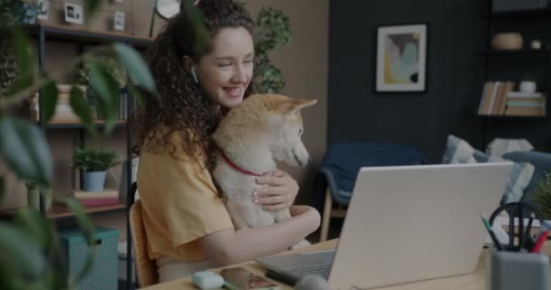 Jovem Mulher Abraçando Shiba Inu Cão Fazendo Videochamada Line Com — Vídeo de Stock