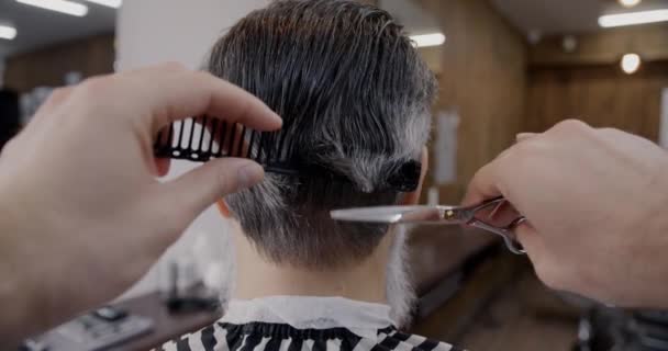 在理发店里有创意理发的成熟男人的特写 而理发师在美容院里用剪刀和梳子理发 时尚与时尚概念 — 图库视频影像