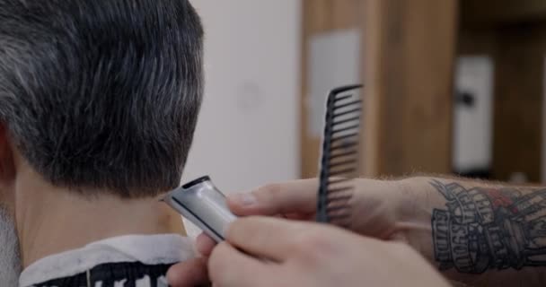 在理发店用剃须机和梳子密切合作理发 在美容院里喜欢发型的成熟男人 — 图库视频影像