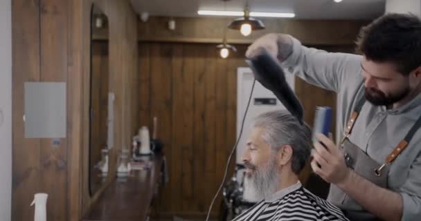 Cavalheiro Elegante Desfrutando Tratamento Barbearia Enquanto Cabeleireiro Usando Escova Secador — Vídeo de Stock