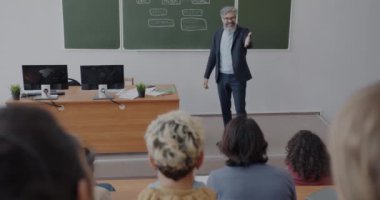 Tebeşir tahtasına işaret eden bir grup öğrenciye konuşan İngilizce öğretmeni sınıfta dil bilgisi kuralları öğretiyor. Dil öğrenme ve eğitim kavramı.