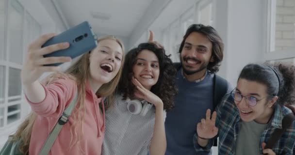 Slow Motion Happy Girls Guys High School Students Taking Selfie — Stock Video