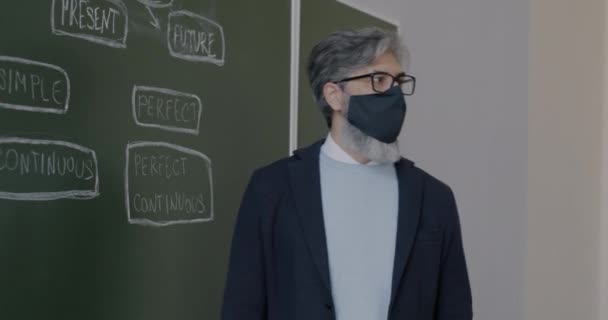 Portret Nauczyciela Angielskiego Ubranego Maskę Wyjaśniającą Gramatykę Pracy Klasie Podczas — Wideo stockowe