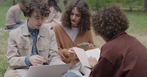 Gruppo Amici Che Studiano Nel Parco Libro Lettura Utilizzando Laptop — Video Stock