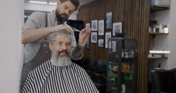 Radosny Fryzjer Obcinający Włosy Rozmawiający Klientem Przy Lustrze Salonie Fryzjerskim — Wideo stockowe