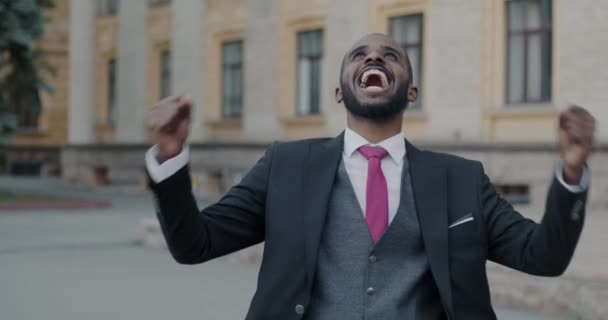 Slow Motion Portrait Overjoyed Man Raising Hands Screaming Happiness Celebrating — Stockvideo