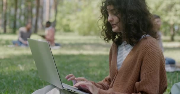 ラップトップコンピュータのタイピングと公園の芝生に座っている笑いを使用して楽しい若い女性学生の肖像画 現代の技術と自然のコンセプト — ストック動画