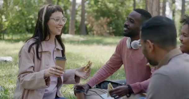Többnemzetiségű Diákokból Álló Csoport Akik Kávéznak Szendvicseket Esznek Miközben Piknikeznek — Stock videók