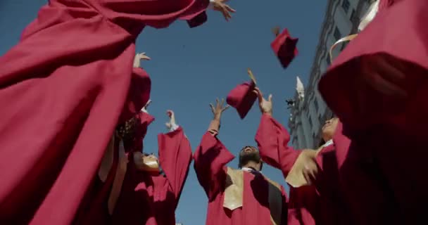 Grupp Studenter Kastar Granatkastare Luften Skrattar Gör High Five Examensdagen — Stockvideo